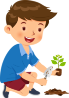 Cute boy happy planting tree png