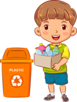 schattig jongen Holding een houder met plastic flessen naar de recycle bak png