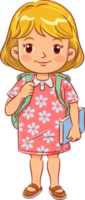 Cute girl with backpack holding book and football ready going to school png