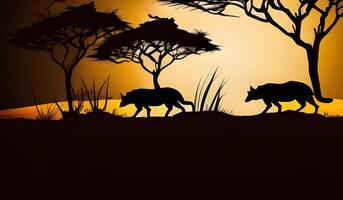 silhouette fox in the sunset time in the jungle. . photo