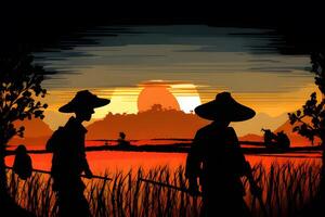 silueta granjero trabajando en el puesta de sol en el campo. generativo ai. foto