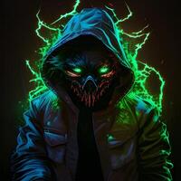 A hacker's human face with green eyes designs on a black background. . photo