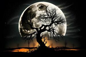 an old tree with big moon illustrations designed for posters, banners, book covers, social media posts, and thumbnails. . photo