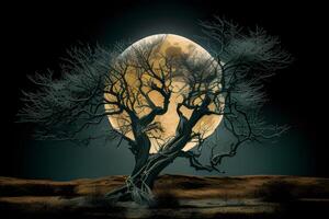 an old tree with big moon illustrations designed for posters, banners, book covers, social media posts, and thumbnails. . photo