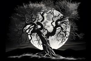 un antiguo árbol con grande Luna ilustraciones diseñado para carteles, pancartas, libro cubiertas, social medios de comunicación publicaciones, y miniaturas generativo ai. foto