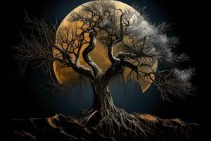 an old tree with big moon illustrations designed for posters, banners, book covers, social media posts, and thumbnails. . photo