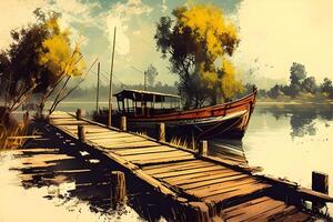 sunset on the lake with a boat vintage illustration. . photo