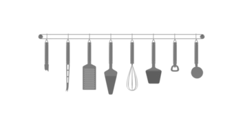 3d representación png variante tipos de cocina utensilios colgando en aislado antecedentes,