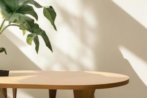 wooden table in the room, light from the window, stage for product photo