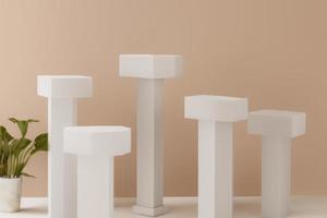 3d rendered white pedestal on brown background , podium for product, stage photo