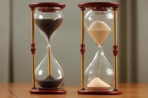 hourglass on brown table, two retro time glass countdown timer, sand in glass photo