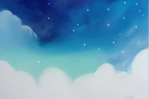 watercolor sky blue painting white clouds and sky with stars photo