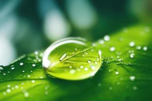 3d render rain drop on the leaf, micro photo, waredrop green background photo