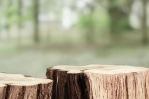 wooden blocks table nature blur background, pedestal for product display photo