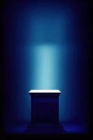 blue pedestal on dark background with spotlight, product podium, stage for display product 3d render photo