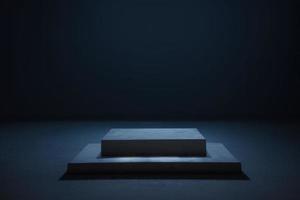 blue pedestal on dark background with spotlight, product podium, stage for display product 3d render photo