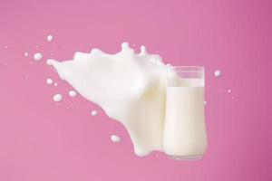milk falling from glass on pink background, Creamy Milk Pouring from Glass on Vibrant Pink Background. 3d render photo