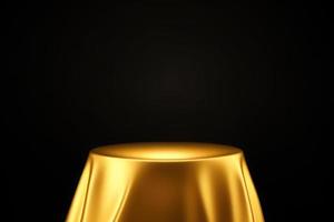 gold cloth pedestal on dark background, product podium, stage for display product 3d render photo