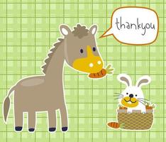 funny donkey and rabbit with lots of carrots on striped background, vector cartoon