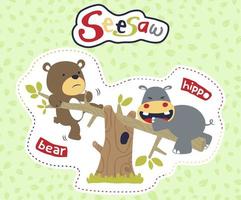 funny hippo and bear playing seesaw on leaves background, vector cartoon illustration