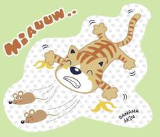 un gracioso gato persiguiendo ratas luego otoño abajo por plátano cáscara, vector dibujos animados ilustración