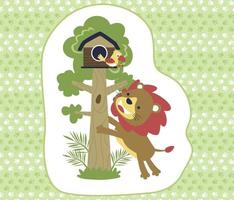 Funny lion with bird in the tree on footpath background pattern. Vector cartoon illustration