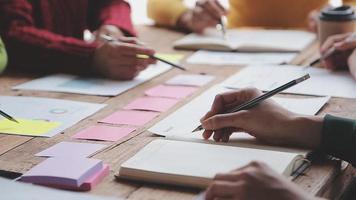 Financial analysts analyze business financial reports on a digital tablet planning investment project during a discussion at a meeting of corporate showing the results of their successful teamwork. video