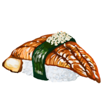 aquarelle et dessin pour Japonais Sushi anguilles avec algue . Japonais cuisine. numérique La peinture de nourriture illustration. régional nourriture concept. png