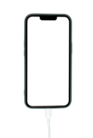 Mockup of smartphone with blank screen isolated on transparent background PNG file. Charging a mobile phone via a USB cable