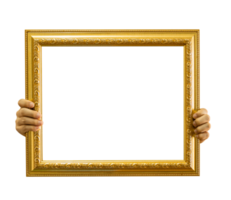 Hand holding golden frame vintage style isolated on transparent background PNG file.