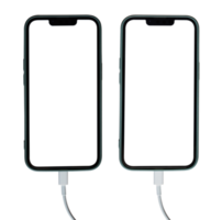 Mockup of smartphone with blank screen isolated on transparent background PNG file. Charging a mobile phone via a USB cable