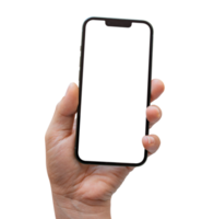 smartphone attrapp på transparent bakgrund, png fil formatera. hand innehav mobil telefon med transparent skärm. för reklam uppkopplad.
