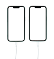 Mockup of smartphone with blank screen isolated on transparent background PNG file. Charging a mobile phone via a USB cable