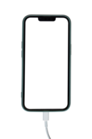 Mockup of smartphone with blank screen isolated on transparent background PNG file. Charging a mobile phone via a USB cable