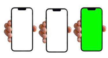 smartphone mockup Aan transparant achtergrond. hand- Holding mobiel telefoon met blanco, transparant en groen scherm. voor reclame online. png