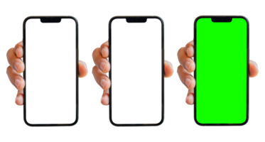 Smartphone mockup on transparent background. Hand holding mobile phone with blank, transparent and green screen. for advertising online. png