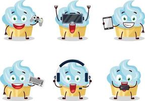 Vanilla cake cartoon character are playing games with various cute emoticons vector