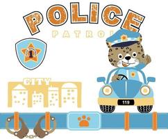 Funny cat on police car with police element, vector cartoon illustration