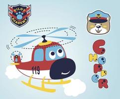 Funny helicopter cartoon with bear the pilot vector