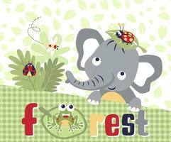 Funny elephant with bugs on leaves background pattern, vector cartoon illustration