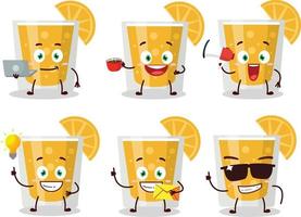Orange juice cartoon character with various types of business emoticons vector