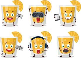 Orange juice cartoon character are playing games with various cute emoticons vector