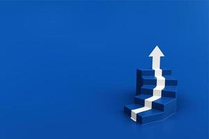 White arrow up with blue stair on blue floor background, 3D arrow climbing up over a staircase , 3d stairs with arrow going upward, 3d rendering photo