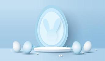 Happy Easter blue background and paper art podium display for product presentation branding and packaging presentation. studio stage with eggs and rabbit background. vector design.