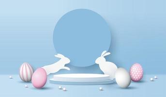 Happy Easter blue background and paper art podium display for product presentation branding and packaging presentation. studio stage with eggs and rabbit background. vector design.