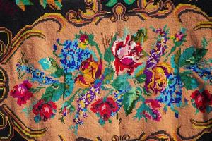 Slavic embroidered towels. National Ukrainian or Belarusian ethnic patterns on the fabric. photo