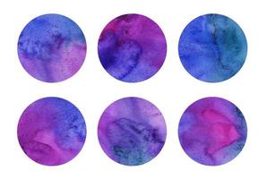 Colorful watercolor circles set. Pink, purple, turquoise and blue round geometric shapes on white background. Aquarelle stains on paper texture. Abstract art. Template for your design. photo