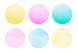 Colorful watercolor circles set. Pink, green, blue, yellow abstract round geometric shapes on white background. Aquarelle multicolored stains on paper texture overlay. Template for your design. photo