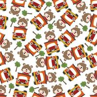 Seamless pattern of cute little animal driving a car go to forest funny animal cartoon,vector illustration. Vector illustration. T-Shirt Design for children. Design elements for kids.