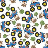 Seamless pattern vector of monster truck with animal driver. Creative vector childish background for fabric textile, nursery background, baby clothes, poster, wrapping paper and other decoration.